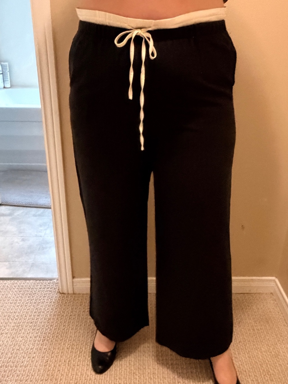Black pinstriped dress Pants with Cream Waistband